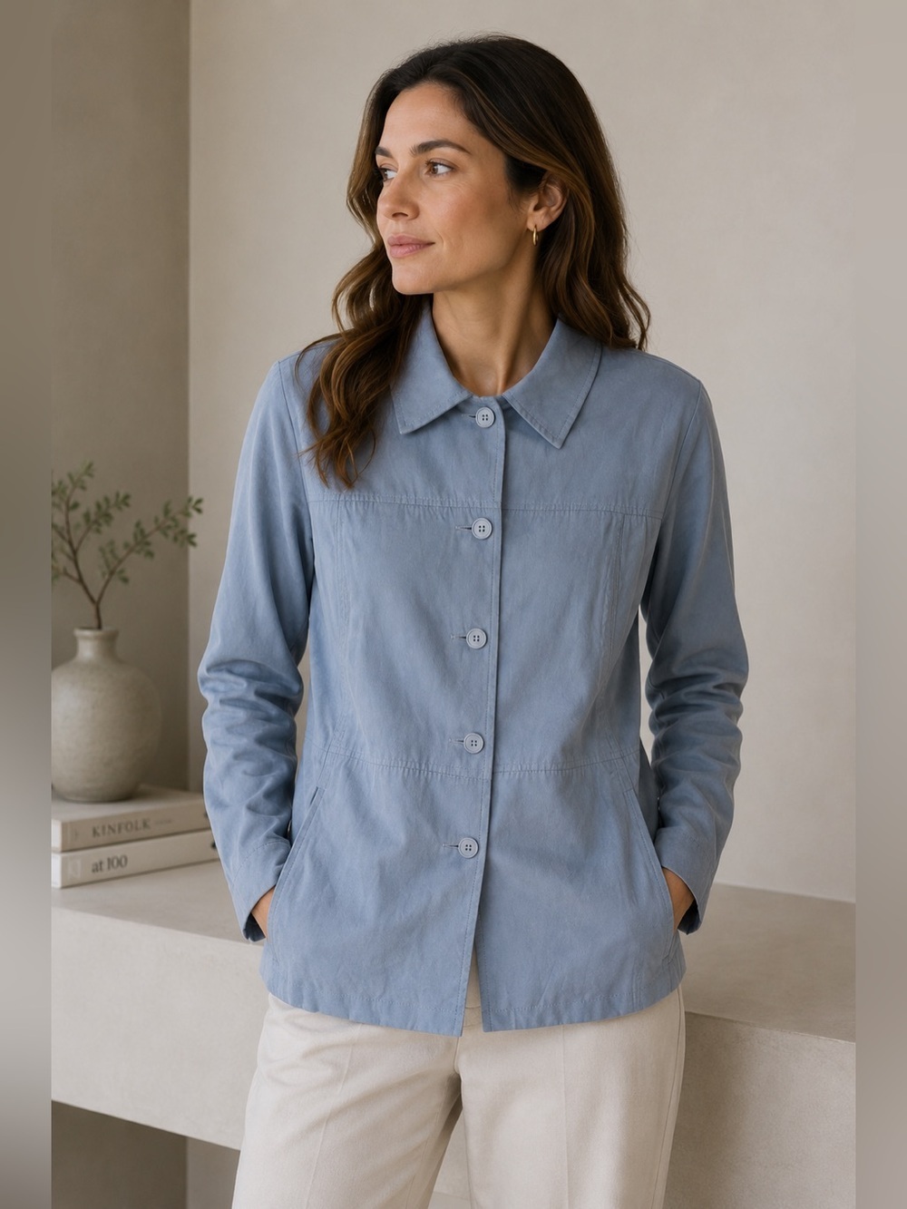 Togo Light Blue Button Front Jacket Size S Minimalist Faux Suede Lightweight